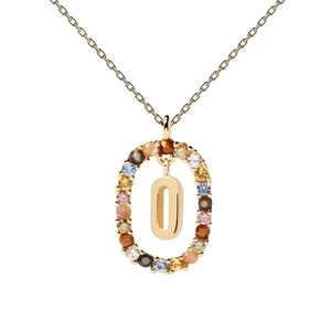 Macro detail of gold letter O pendant necklace with vibrant multi-colored zircon stones