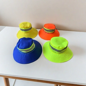 Detail view of reflective sun hats in four vibrant colors for outdoor work safety.