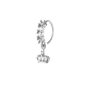 Silver butterfly nose ring with crown pendant and sparkling zircon stones on white background