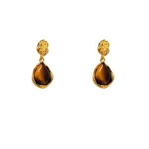 Vintage teardrop tiger eye earrings with gold-plated metal discs for elegant women