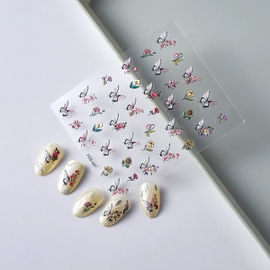 5D embossed nail art stickers featuring butterfly and rose floral designs on transparent base