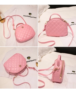 Detailed views of a pink quilted crossbody bag with gold floral hardware and top handle