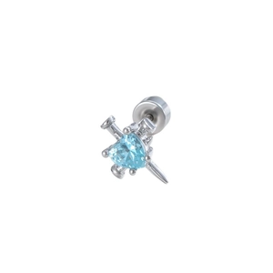 Silver heart-shaped light blue zircon ear stud with titanium steel nail cross design