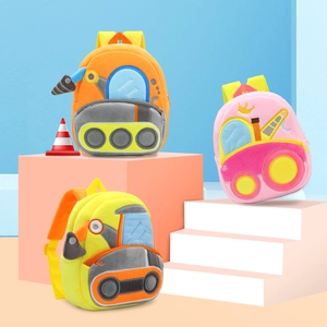 Cartoon plush construction vehicle backpacks for kids in orange, pink and yellow colors