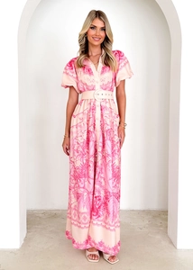 Detailed view of floral pink chiffon dress with elegant waist belt and A-line silhouette