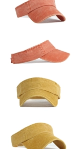 Detail of coral and mustard washed cotton sun visors with adjustable straps