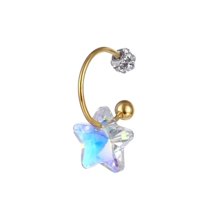Detail of a C-shaped gold-plated stud featuring a pave ball and Aurora star crystal