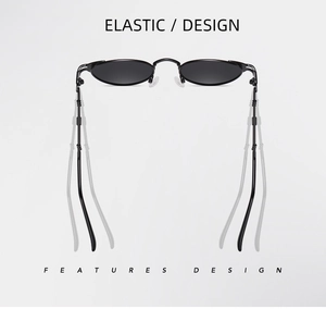 Detail showing elastic temple design on steampunk black metal oval sunglasses
