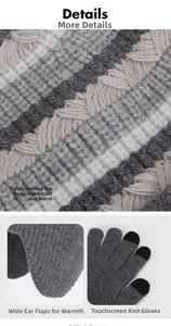 Detailed knit texture, warm ear flaps, and touchscreen gloves of the winter stripe set