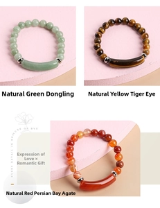 Detailed view of natural Green Aventurine, Tiger Eye, and Agate beaded bracelets