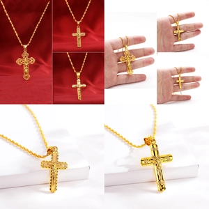 Gold plated hip-hop cross necklace with rope chain in polished and hollow carved styles