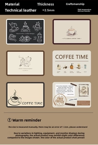 Macro view of six coffee theme absorbent mats showing leather texture and heat transfer print