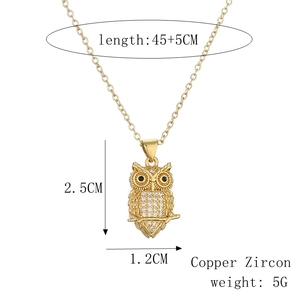 Detailed dimensions of gold owl necklace with colorful zircon and copper plating