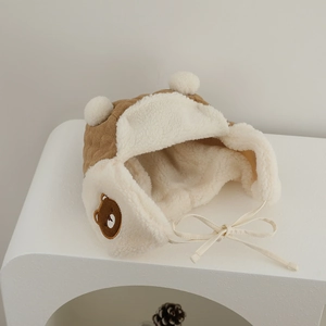 Winter infant bear trapper hat with warm corduroy, plush lining and white pom-poms