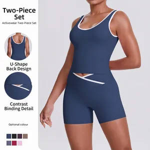 Haut et Bas de Yoga pour Femmes Mélange de Coton Séchage Rapide Taille Haute Croisée Short Débardeur Sport Dos Nu Fitness Gym