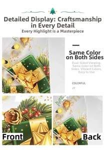 Detail of Christmas gift wrap stickers showing double-sided printing and vibrant patterns