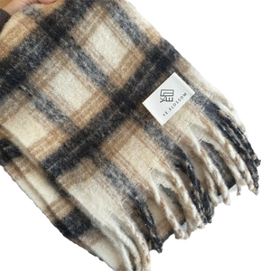 Plaid cashmere-feel scarf with beige and brown tassels, cozy thick winter shawl
