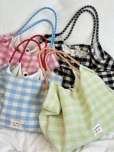 Checkerboard Large Capacity Tote Bag Cotton Linen Handbag Casual Commuter With Rope Handles And Snap Button For Women