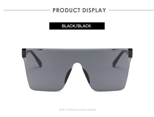 Detail view of large shield sunglasses in full black with high-quality resin frames
