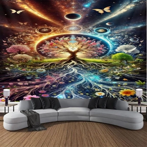 Detailed view of artistic tree of life tapestry with cosmic galaxy and butterfly patterns
