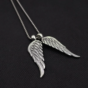 Punk silver double wing pendant necklace with vintage metal chain for men and women