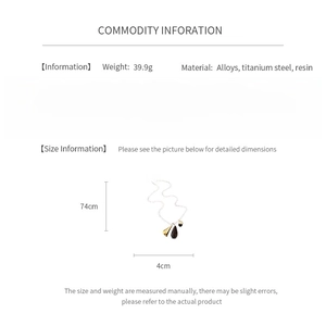 Detailed spec sheet showing 74cm titanium steel trumpet pendant necklace measurements