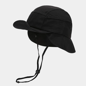 Detail of black outdoor sun hat featuring breathable mesh side and adjustable chin strap