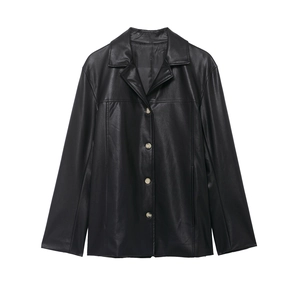 Women PU Faux Leather Jacket Button Down Lapel Collar Long Sleeve Streetwear Outerwear Black