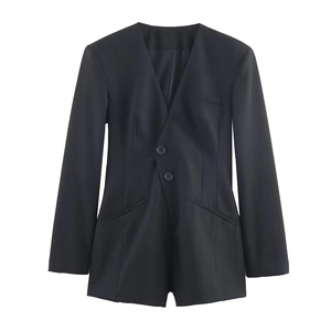 Pagliaccetto Blazer Donna Maniche Lunghe Doppio Petto Scollo A V Profondo Poliestere Tessuto Elegante Nero Tuta Corta