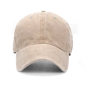 Front view detail of a khaki washed cotton baseball cap with classic six-panel structure