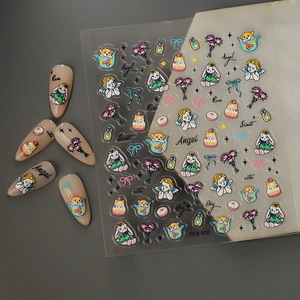 Pastel floral nail stickers featuring 3D embossed rabbits, angels and roses on stickers