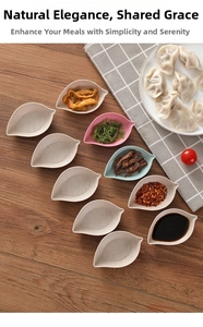 Leaf-shaped condiment dishes made of eco-friendly wheat straw in assorted pastel colors