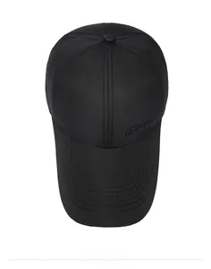 Top-down view of black baseball cap with Classic embroidery and breathable fabric