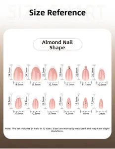 Size chart for almond-shaped press-on nails featuring 24 pieces in 12 distinct sizes
