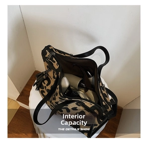 Internal view of a leopard print tote bag showing large capacity and inner pockets