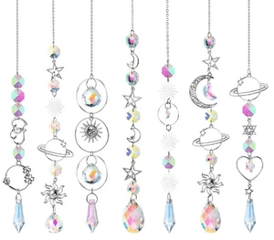 Celestial crystal suncatcher set with silver moon star and prism ball garden decor