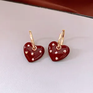 French style burgundy heart enamel earrings with sparkling white crystals and gold hoops