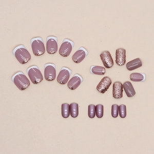 Short French white shimmer press-on nails in elegant pink and purple glitter tones