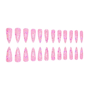 Flat lay of 24pcs pink stiletto press-on nails with colorful glitter and sequins