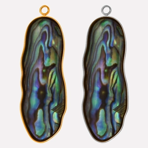 Detailed view of iridescent abalone shell pendants with gold and silver stainless steel edges