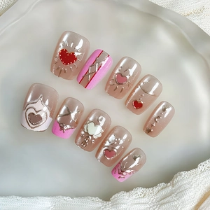 Handmade Press On Nails Cat Eye Heart Removable Fake Nails Pink Champagne Gold Glitter Sweet Style For Women