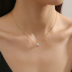 Minimalist gold titanium steel necklace featuring a single clear crystal pendant for women