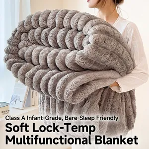 Thick grey faux rabbit fur blanket with anti-static and heat retention properties