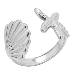 Detailed view of polished stainless steel starfish and seashell adjustable open ring