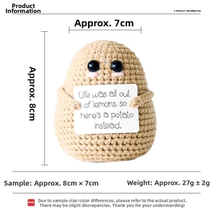 Handmade 8cm crocheted positive potato doll with encouraging message card on white background