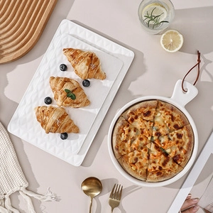 Ceramic appetizer plates with diamond texture and leather handle strap for home dining