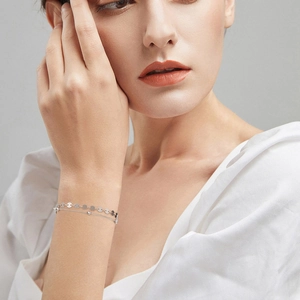 Minimalist double-layer 925 silver bracelet with round sequins and delicate beads