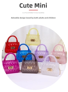 Macro detail of multi-color leaf pattern PVC jelly bags with pearl handles and gold locks
