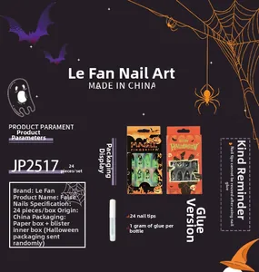 Halloween press-on nails set with pumpkin and spider web designs, including glue