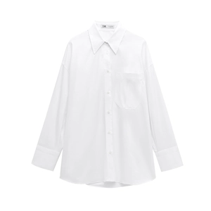 Classic white long sleeve button-down shirt for women with a single chest pocket design